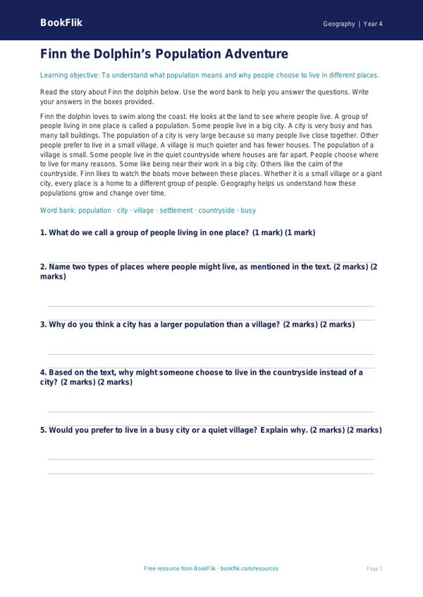 Free Population Comprehension | Year 4 Supported | BookFlik worksheet preview — Geography Population