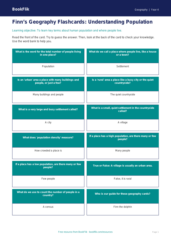 Free Population Flashcards | Year 4 Supported | BookFlik worksheet preview — Geography Population