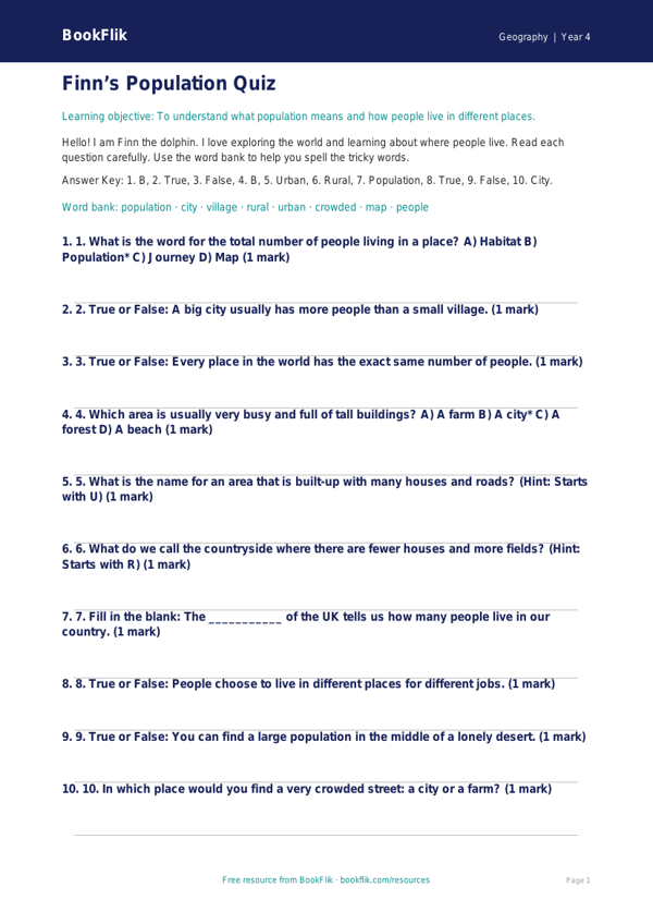 Free Population Quiz | Year 4 Supported | BookFlik worksheet preview — Geography Population