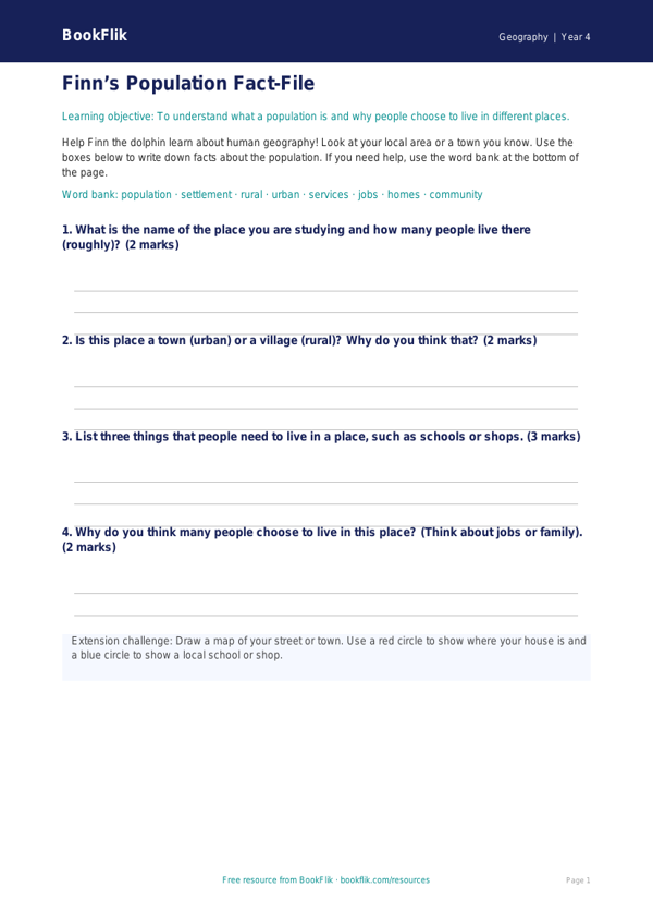 Free Population Template | Year 4 Supported | BookFlik worksheet preview — Geography Population