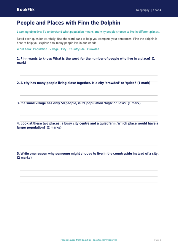 Free Population Worksheet | Year 4 Supported | BookFlik worksheet preview — Geography Population