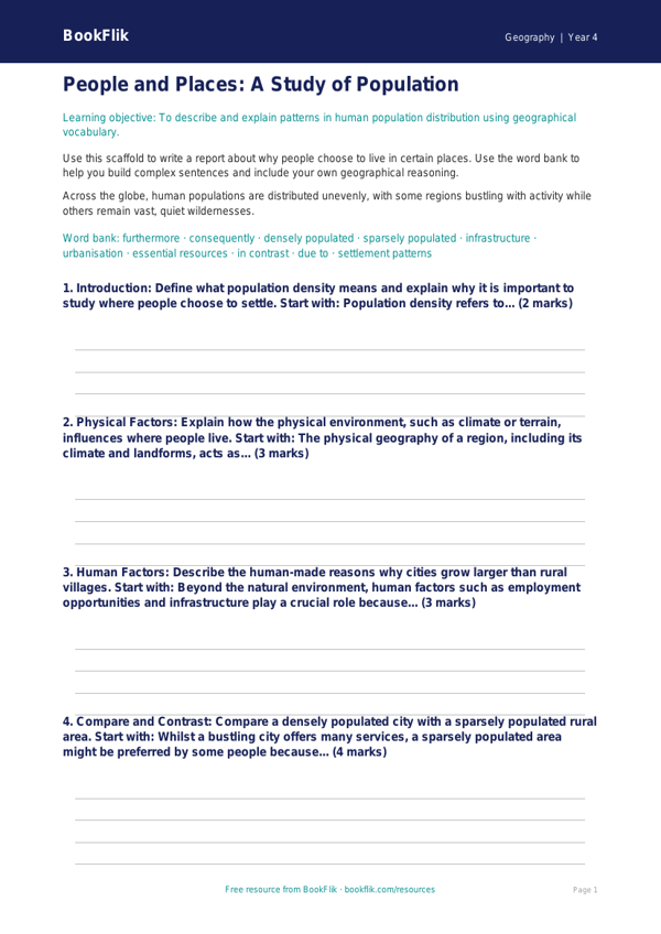 Free Population Writing Frame | Year 4 Greater Depth | BookFlik worksheet preview — Geography Population
