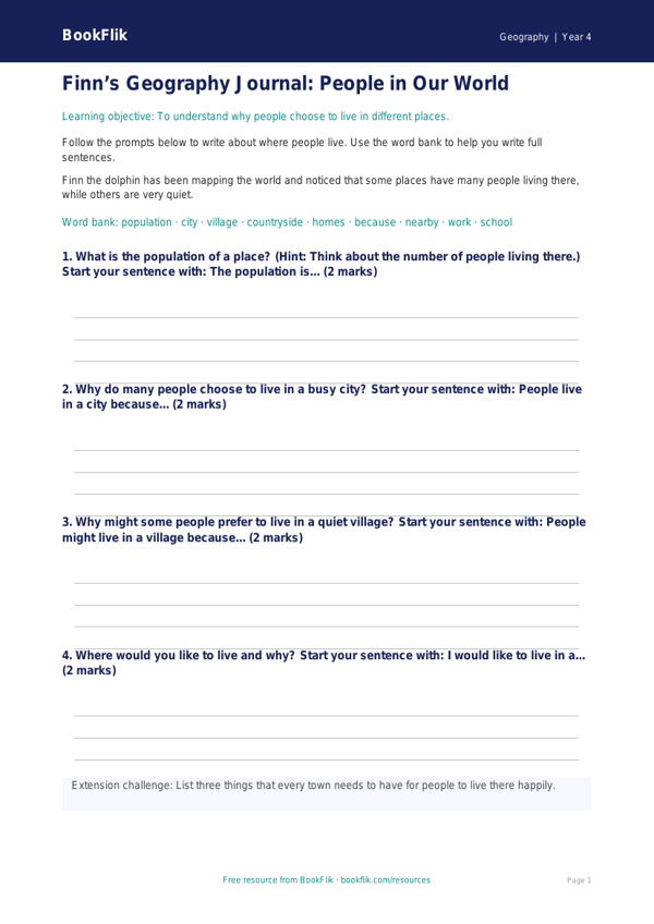 Free Population Writing Frame | Year 4 Supported | BookFlik worksheet preview — Geography Population