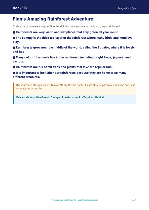 Free Rainforests Poster | EYFS Core | BookFlik worksheet preview — Geography Rainforests
