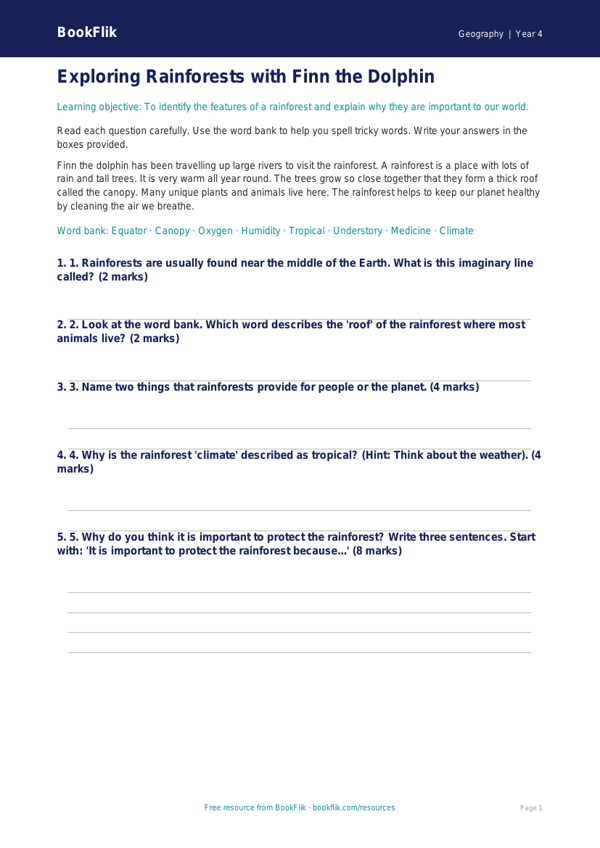 Free Rainforests Assessment | Year 4 Supported | BookFlik worksheet preview — Geography Rainforests
