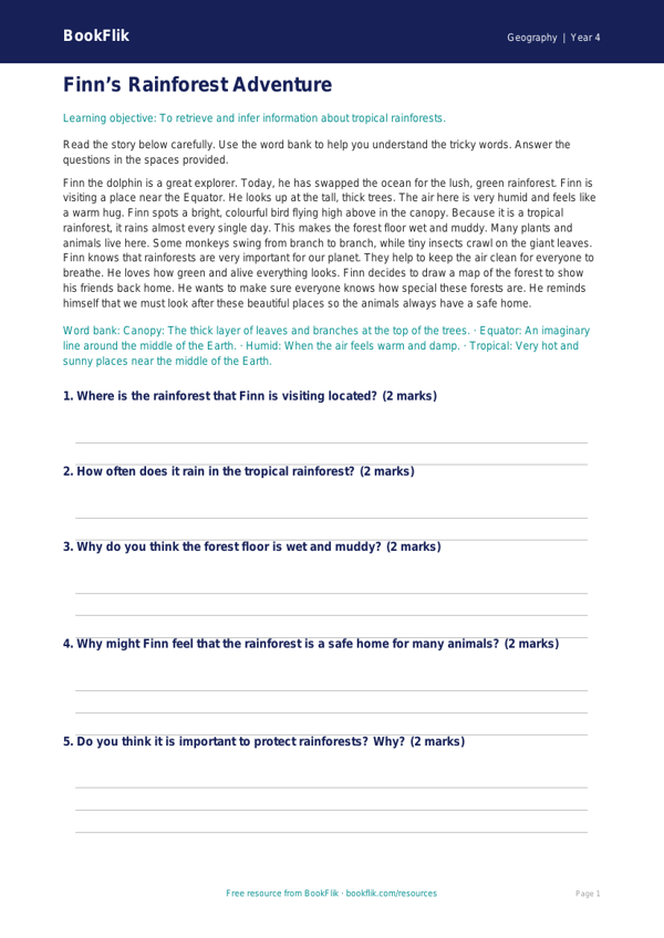 Free Rainforests Comprehension | Year 4 Supported | BookFlik worksheet preview — Geography Rainforests