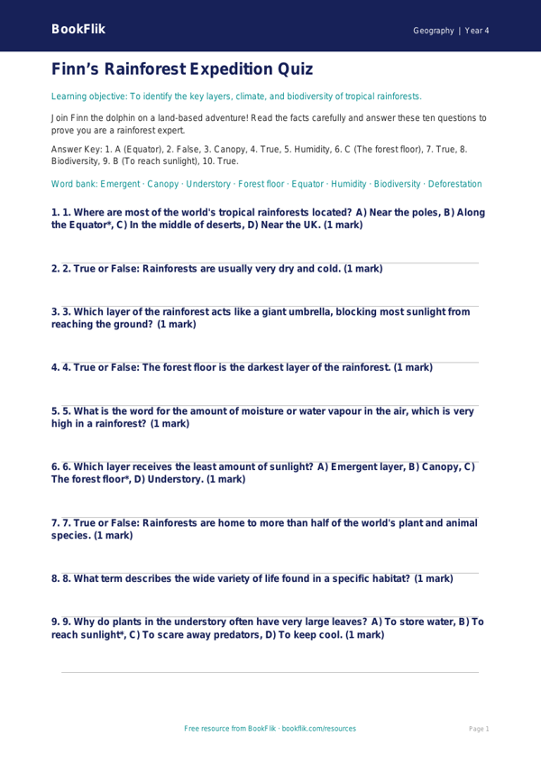 Free Rainforests Quiz | Year 4 Greater Depth | BookFlik worksheet preview — Geography Rainforests
