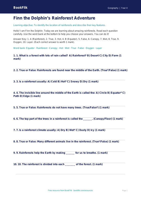 Free Rainforests Quiz | Year 4 Supported | BookFlik worksheet preview — Geography Rainforests