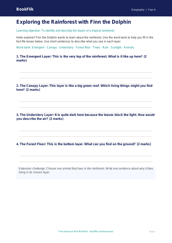 Free Rainforests Template | Year 4 Supported | BookFlik worksheet preview — Geography Rainforests