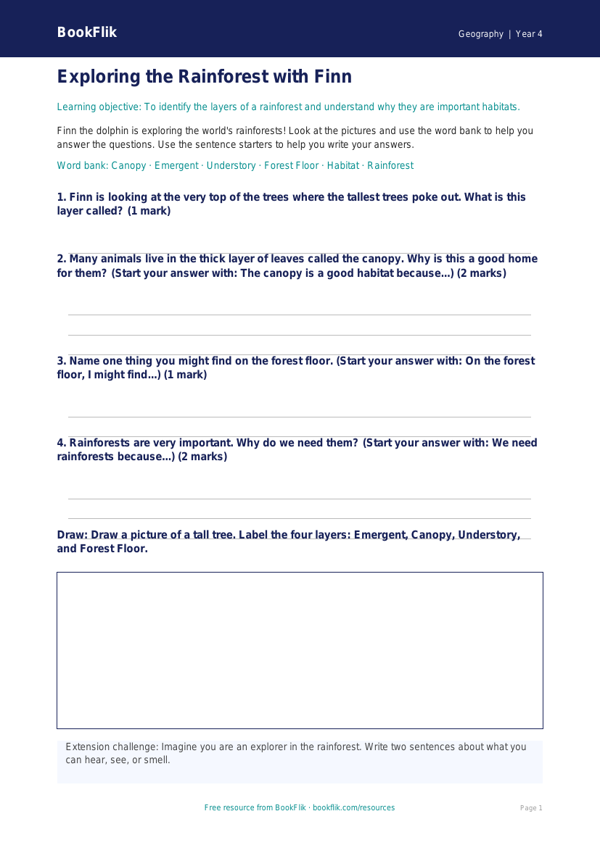 Free Rainforests Worksheet | Year 4 Supported | BookFlik worksheet preview — Geography Rainforests