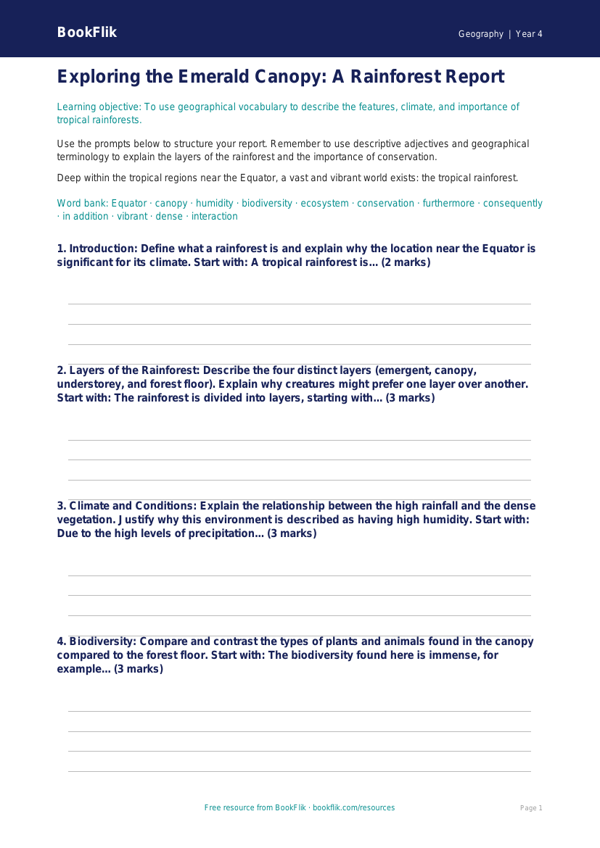 Free Rainforests Writing Frame | Year 4 Greater Depth | BookFlik worksheet preview — Geography Rainforests