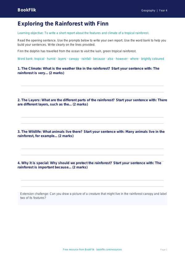 Free Rainforests Writing Frame | Year 4 Supported | BookFlik worksheet preview — Geography Rainforests