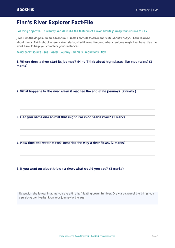 Free Rivers Worksheet for EYFS | Geography Lesson | BookFlik worksheet preview — Geography Rivers
