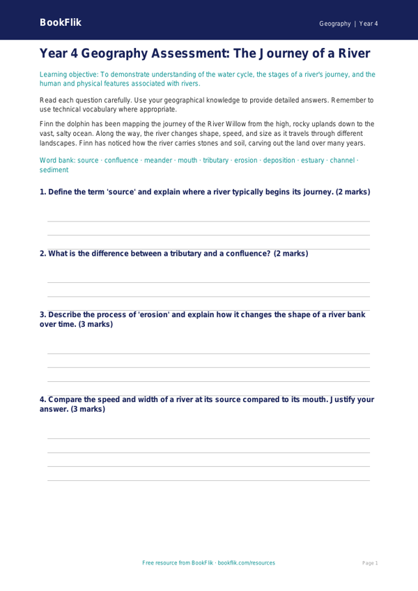 Free Rivers Assessment | Year 4 Greater Depth | BookFlik worksheet preview — Geography Rivers