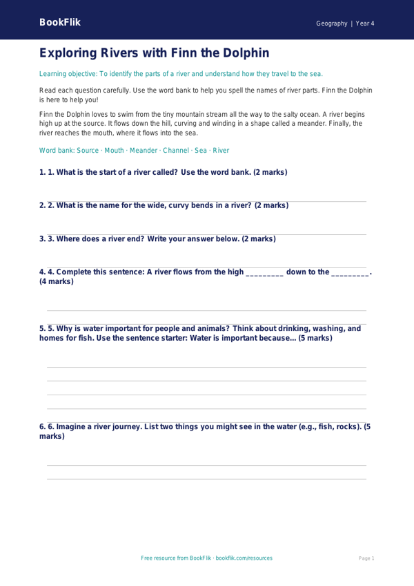 Free Rivers Assessment | Year 4 Supported | BookFlik worksheet preview — Geography Rivers