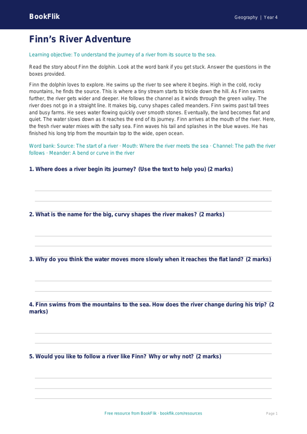 Free Rivers Comprehension | Year 4 Supported | BookFlik worksheet preview — Geography Rivers