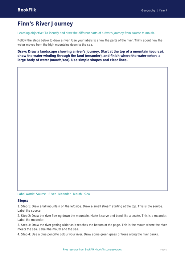 Free Rivers Drawing Sheet | Year 4 Supported | BookFlik worksheet preview — Geography Rivers