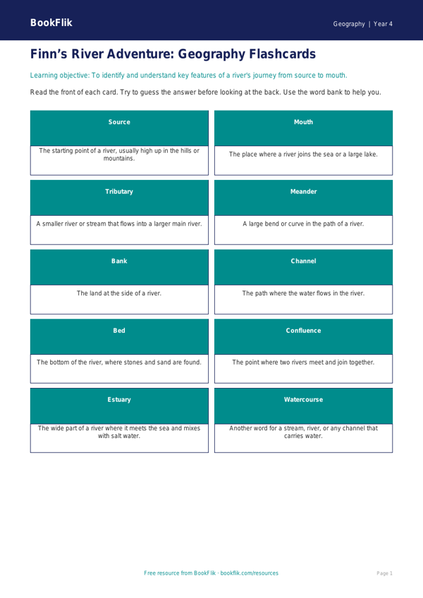 Free Rivers Flashcards | Year 4 Supported | BookFlik worksheet preview — Geography Rivers