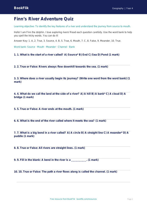 Free Rivers Quiz | Year 4 Supported | BookFlik worksheet preview — Geography Rivers