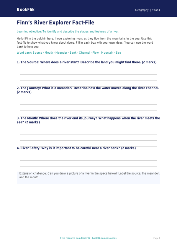 Free Rivers Worksheet for Year 4 | Geography Resources | BookFlik worksheet preview — Geography Rivers