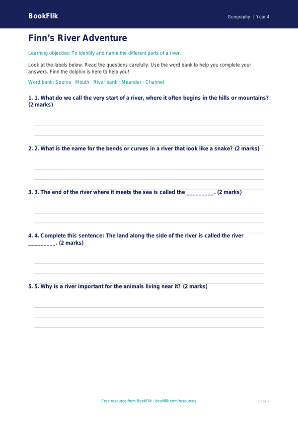 Free Rivers Worksheet | Year 4 Supported | BookFlik worksheet preview — Geography Rivers