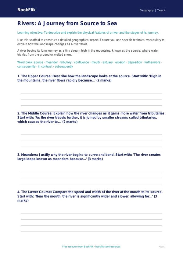 Free Rivers Writing Frame | Year 4 Greater Depth | BookFlik worksheet preview — Geography Rivers