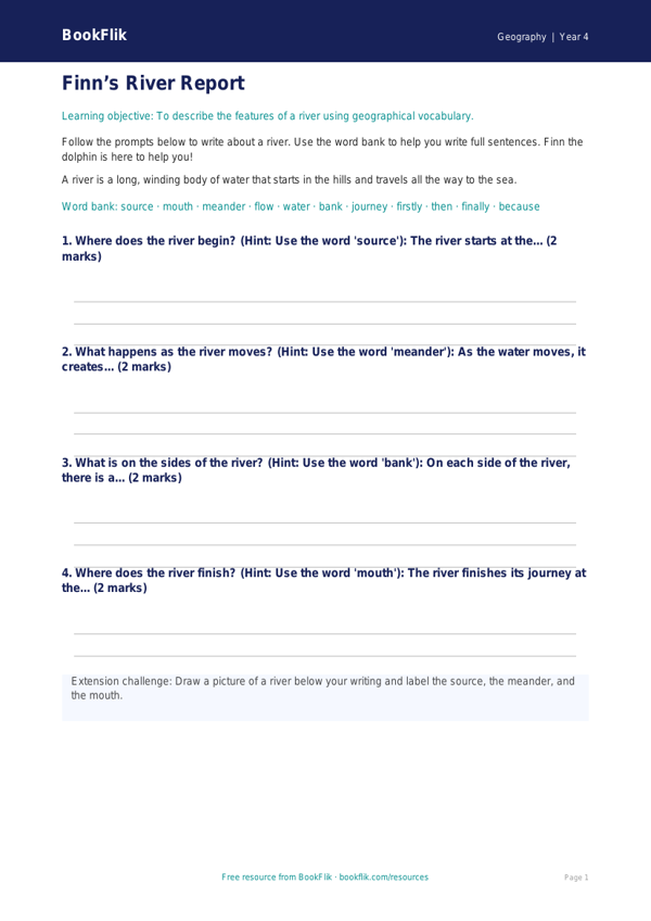 Free Rivers Writing Frame | Year 4 Supported | BookFlik worksheet preview — Geography Rivers