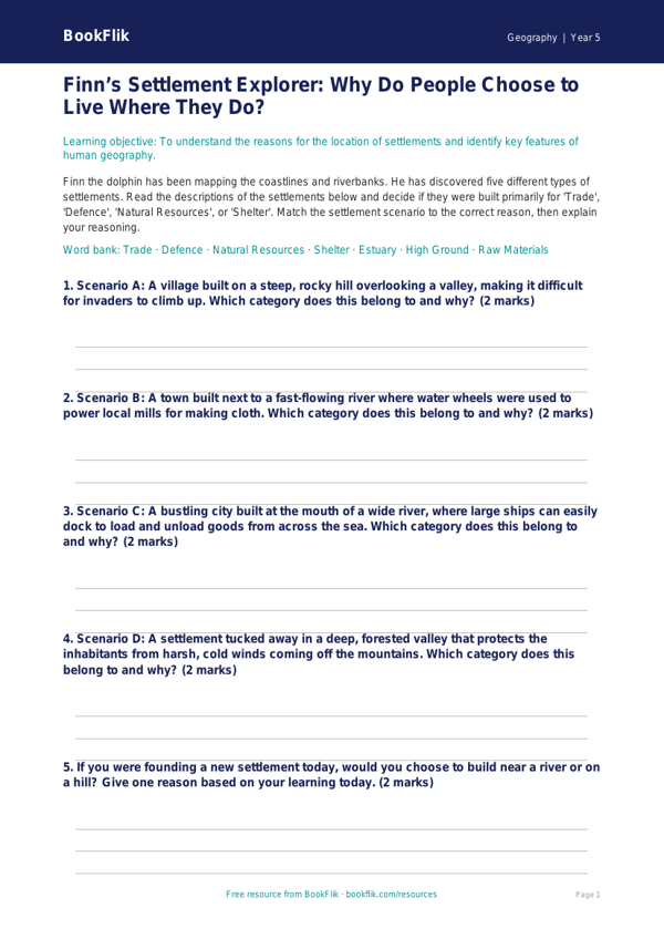 Free Settlements Activity Sheet | Year 5 Core | BookFlik worksheet preview — Geography Settlements