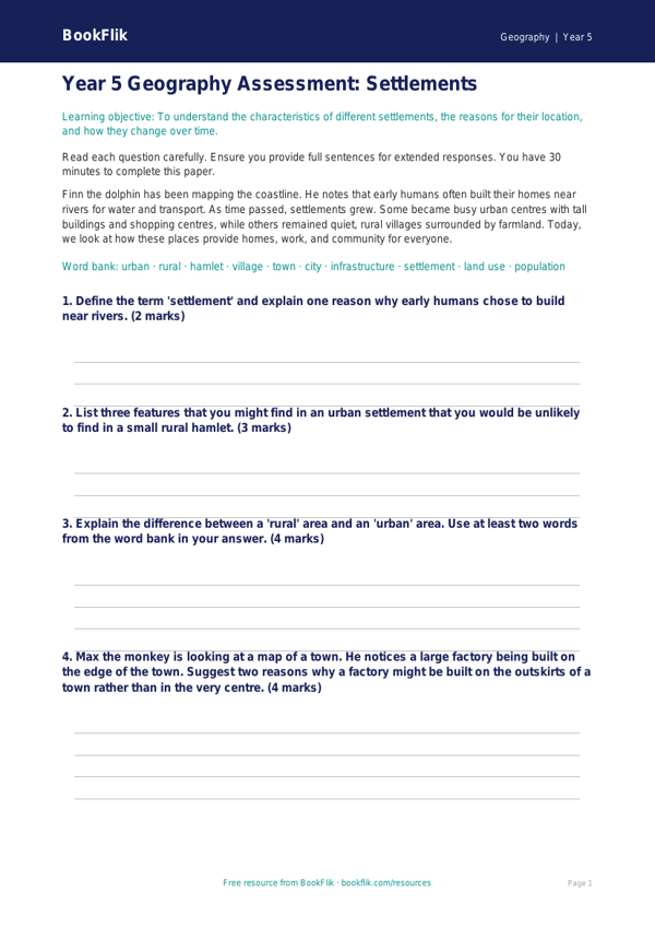 Free Settlements Assessment | Year 5 Core | BookFlik worksheet preview — Geography Settlements