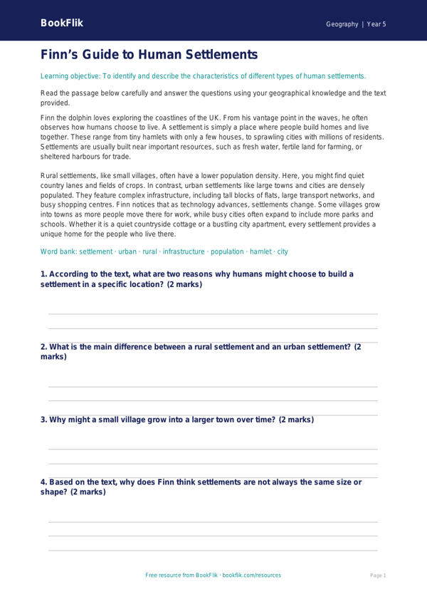 Free Settlements Comprehension Worksheet | Year 5 Geography | BookFlik worksheet preview — Geography Settlements