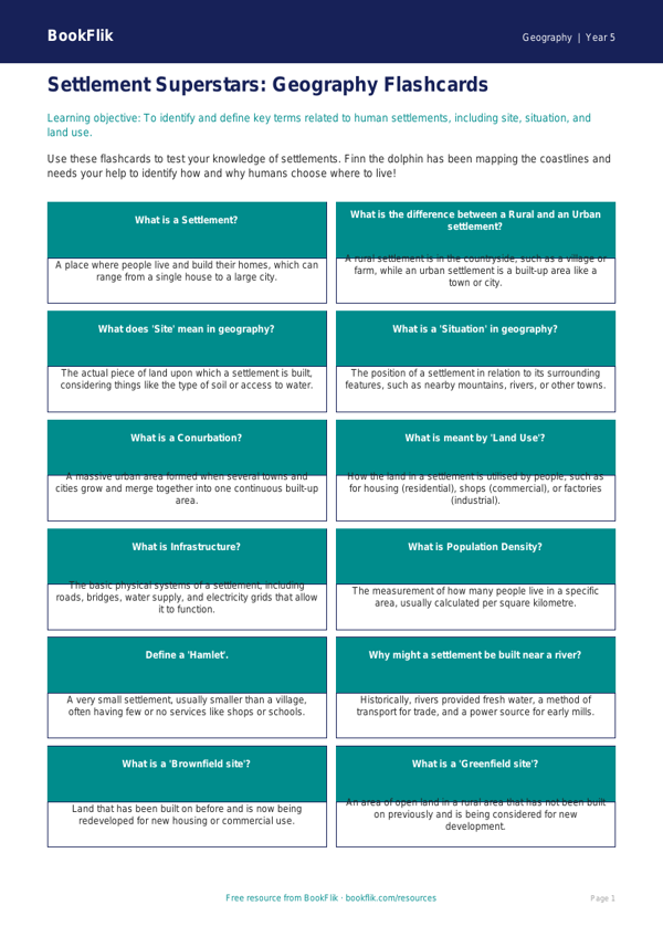 Free Settlements Flashcards | Year 5 Geography | BookFlik worksheet preview — Geography Settlements