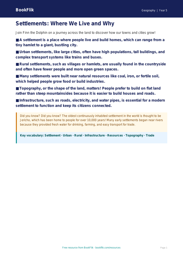 Free Settlements Poster | Year 5 Geography Worksheet | BookFlik worksheet preview — Geography Settlements