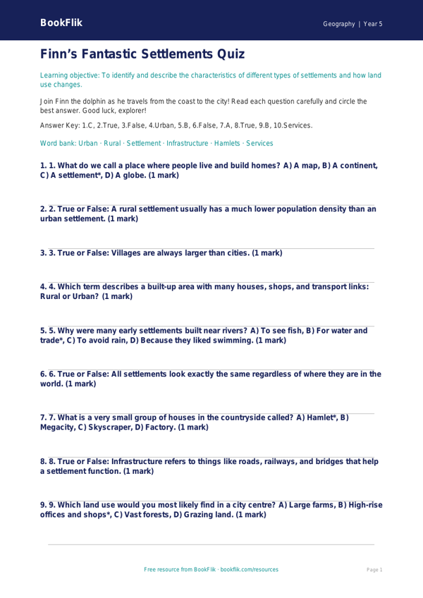 Free Settlements Quiz | Year 5 Geography Worksheet | BookFlik worksheet preview — Geography Settlements