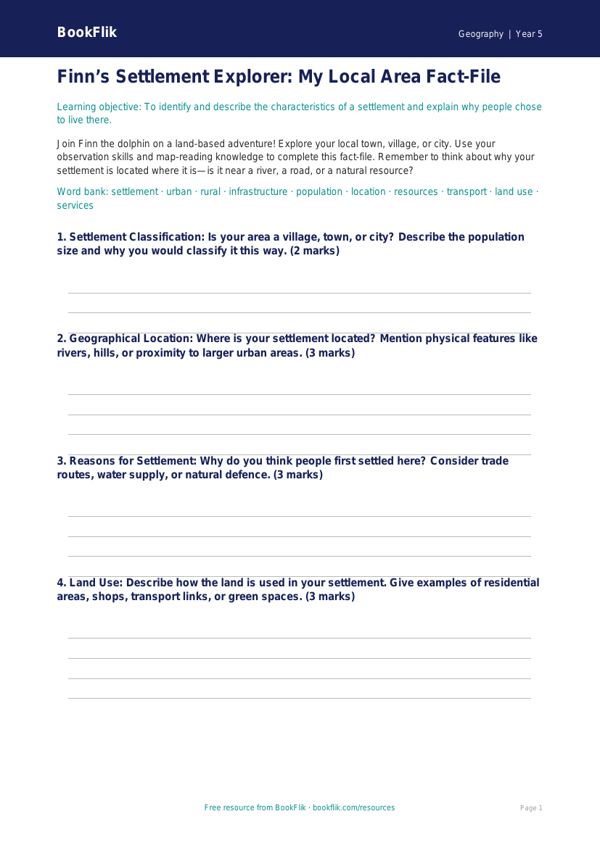 Free Settlements Template | Year 5 Geography Worksheet | BookFlik worksheet preview — Geography Settlements