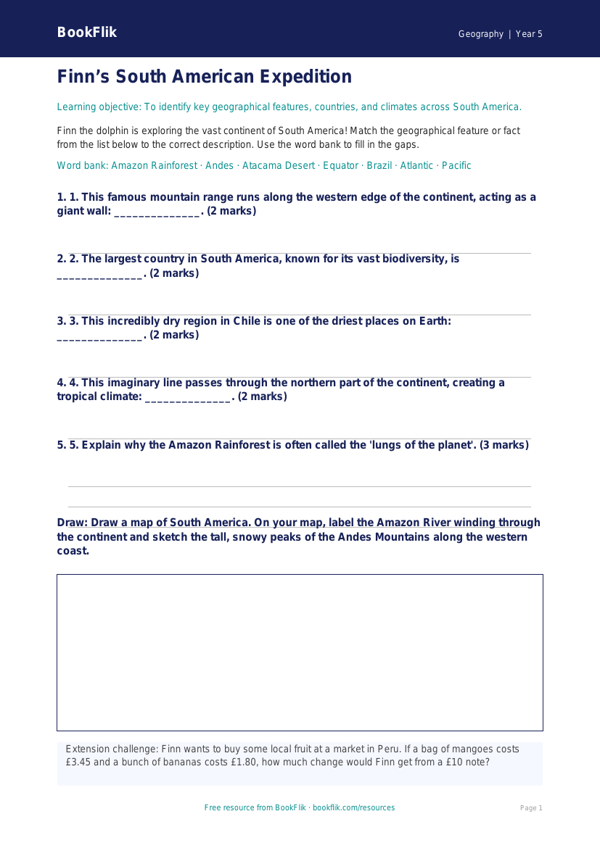 Free South America Activity Sheet | Year 5 Core | BookFlik worksheet preview — Geography South America