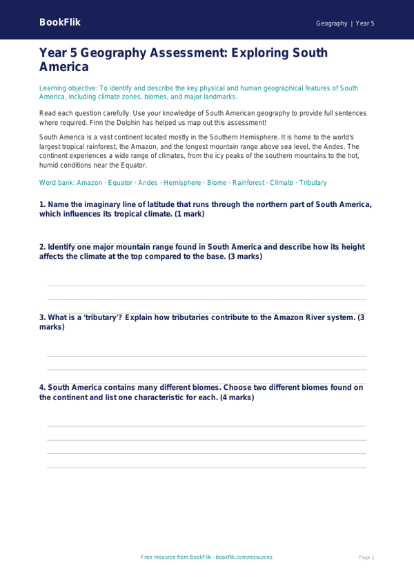 Free South America Assessment | Year 5 Core | BookFlik worksheet preview — Geography South America