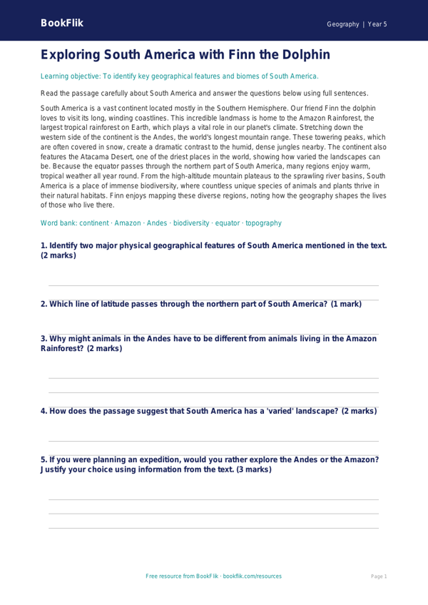 Free South America Comprehension | Year 5 Core | BookFlik worksheet preview — Geography South America