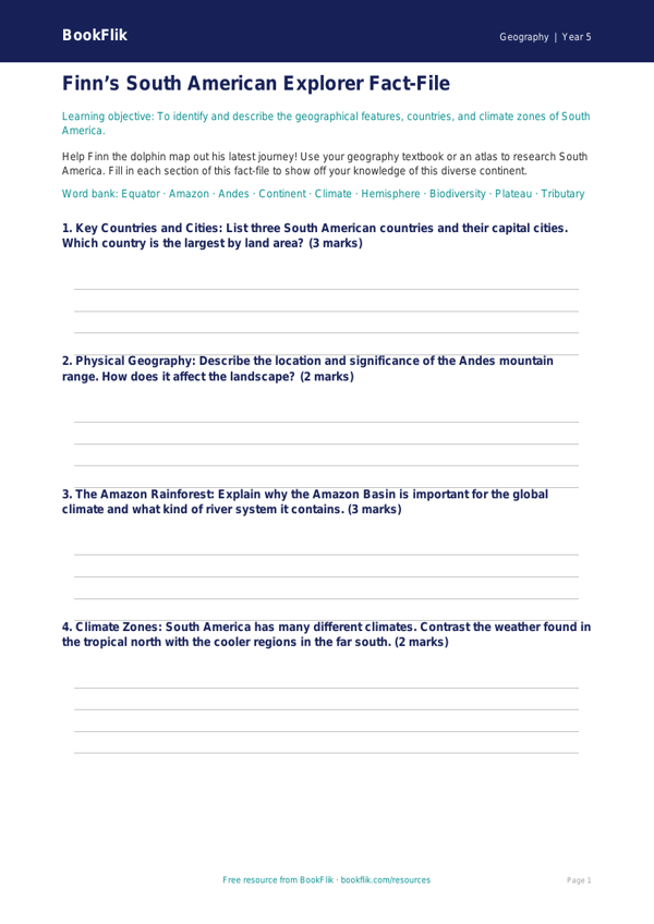Free South America Template | Year 5 Core | BookFlik worksheet preview — Geography South America