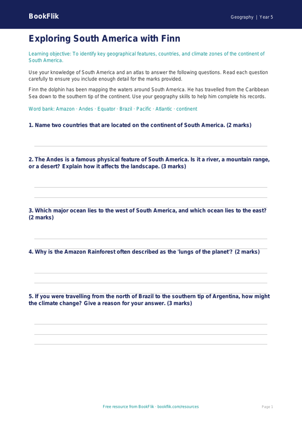 Free South America Worksheet | Year 5 Geography | BookFlik worksheet preview — Geography South America