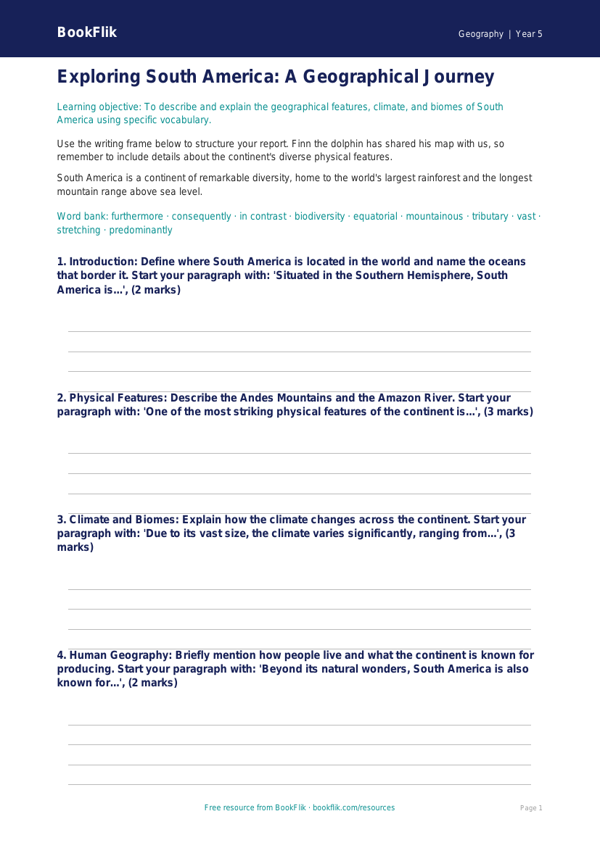 Free South America Writing Frame | Year 5 Core | BookFlik worksheet preview — Geography South America