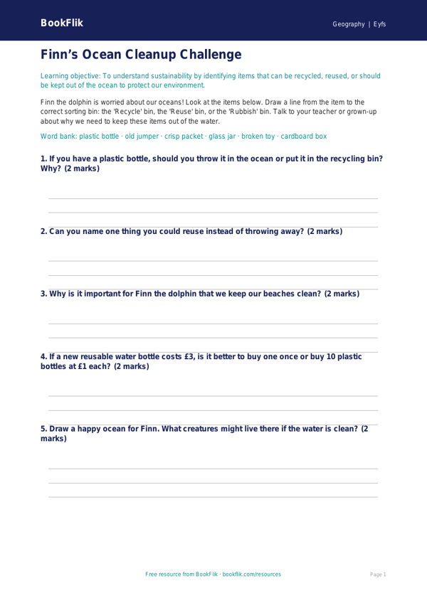 Free Sustainability Activity Sheet | EYFS Core | BookFlik worksheet preview — Geography Sustainability