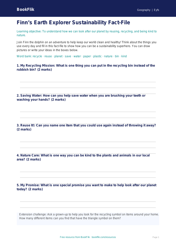 Free Sustainability Template | EYFS Core | BookFlik worksheet preview — Geography Sustainability