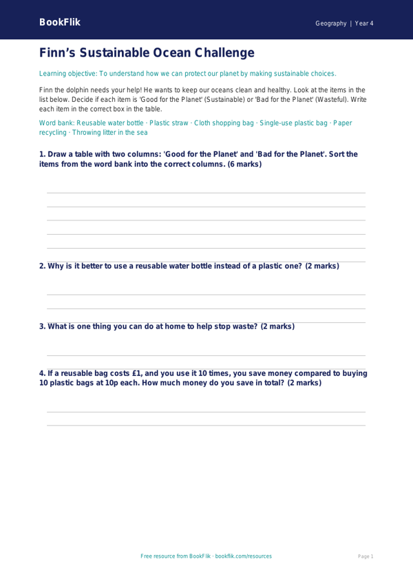 Free Sustainability Activity Sheet | Year 4 Supported | BookFlik worksheet preview — Geography Sustainability