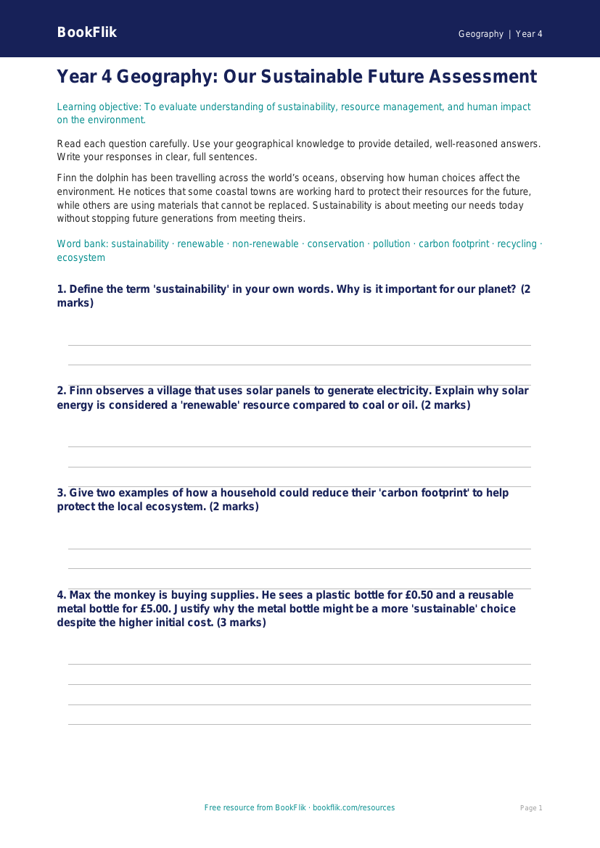 Free Sustainability Assessment | Year 4 Greater Depth | BookFlik worksheet preview — Geography Sustainability
