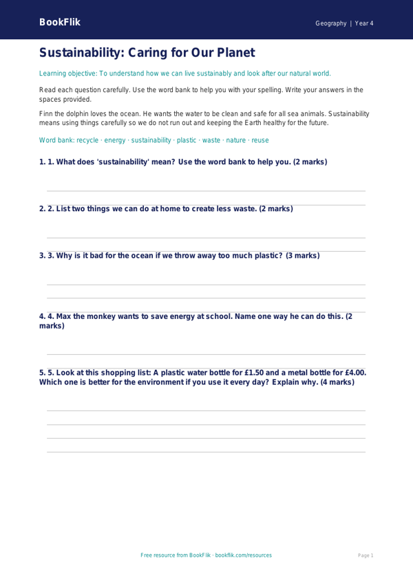 Free Sustainability Assessment | Year 4 Supported | BookFlik worksheet preview — Geography Sustainability