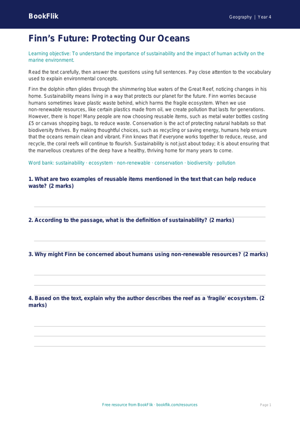 Free Sustainability Comprehension | Year 4 Greater Depth | BookFlik worksheet preview — Geography Sustainability