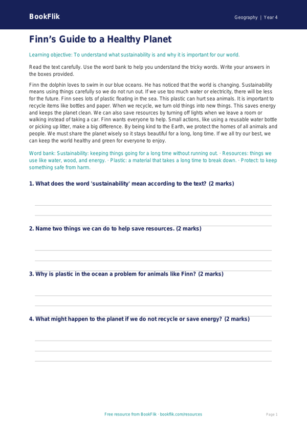 Free Sustainability Comprehension | Year 4 Supported | BookFlik worksheet preview — Geography Sustainability