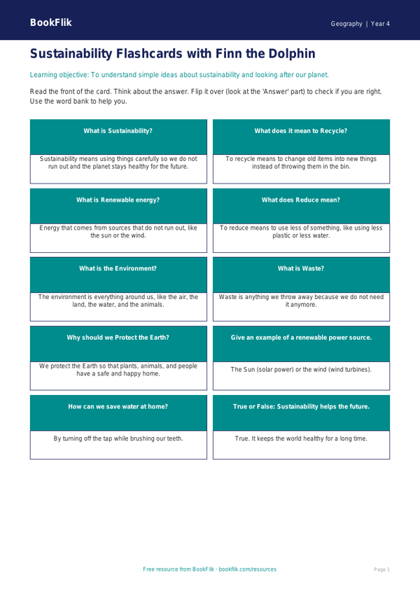 Free Sustainability Flashcards | Year 4 Supported | BookFlik worksheet preview — Geography Sustainability
