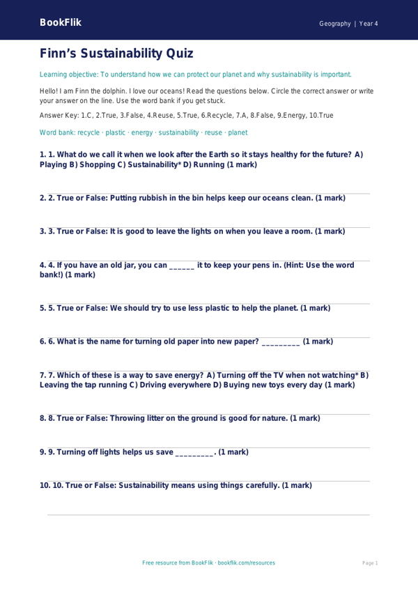 Free Sustainability Quiz | Year 4 Supported | BookFlik worksheet preview — Geography Sustainability