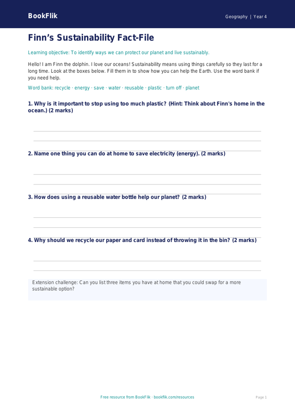 Free Sustainability Template | Year 4 Supported | BookFlik worksheet preview — Geography Sustainability